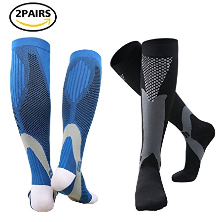 Compression Socks for Men & Women(2 Pairs), BULESK Medical Grade Graduated Recovery Stockings for Nurses, Boost Stamina, Varicose, 20-30 Mmhg Fit for Running, Medical, Flight Travel (Black&Blue)