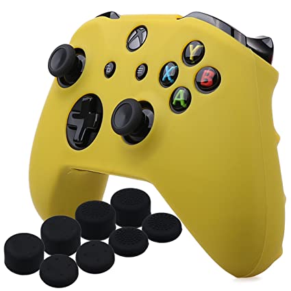 YoRHa Silicone Cover Skin Case for Microsoft Xbox One X & Xbox One S Controller x 1(Yellow) with Pro Thumb Grips 8 Pieces