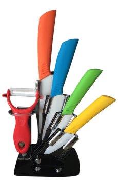 All One Tech 6-piece Ceramic Knife Set Features 4 Knives of Various Sizes and Peeler and Block