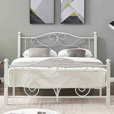 VECELO Queen Size Bed Frame with Headboard and Footboard, Heavy Duty Metal Slat Support, Platform Mattress Foundation, No Box Spring Needed, Easy Assembly, White