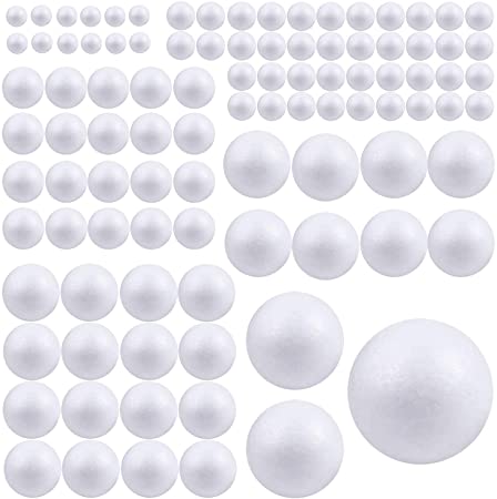 100 Pcs White Foam Balls, Kissbuty 7 Sizes Craft Foam Balls Polystyrene Craft Balls Art Decoration Styrofoam Balls for DIY Art Craft, School Projects and Party Decorations