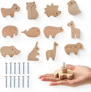 Youuys Wooden Animal Cabinet Knobs Decorative Wood Dresser Knobs Natural Wild Animal Drawer Pulls with Screws Jungle Sea Zoo Animals Drawer Knobs Kids Suitable for Cabinets Furniture （12 Sets）