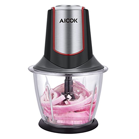 Aicok Mini Chopper Electric, 1.2L Thickened Glass Chopper Bowl with 600ml Food Capacity, 300W Food Chopper for Vegetables, Onion, Salad and Meats, Stainless Steel Blades, Black