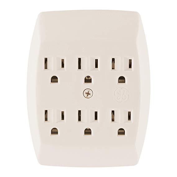 GE 6 Grounded Outlet Adapter Wall Tap, 3 Prong Outlets, Secure Install, UL Listed, Light Almond