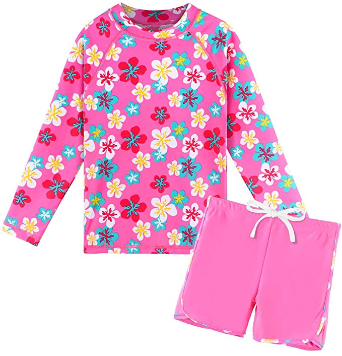 TFJH E Girls Long Sleeve Swimsuits Rashguard Sets Sunsuits UV 50  Two Piece 3-12Y