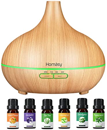 Homasy 500ml Aromatherapy Oil Diffuser with 6Pcs*10ml Pure Essential Oil Gift Set, Large Capacity Essential Oil Diffuser with 4 Timer Setting, 14 Colour Lights, Auto Shut-Off-Yellow Wood Grain