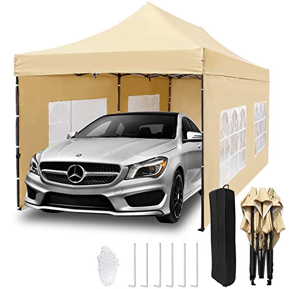 TopCamp 10x20 ft Pop up Canopy Tent Carport, Heavy Duty Waterproof Outdoor Party Beige Tent with Removable Walls and Wheeled Bag