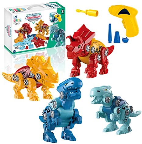 Keliple Take Apart Dinosaur Toys for Boys and Teens, Dinosaur Toys for Kids Building Toy Set with Electric Drill Construction Engineering Play, 4Pcs Dinosaur Toys for 3 4 5 6 7 Year Old Boys