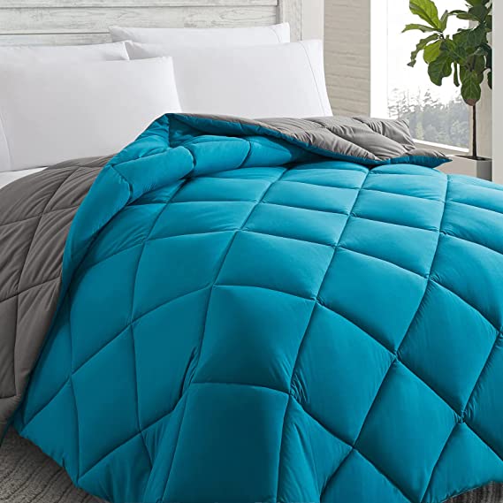 Cosybay Down Alternative Comforter (Algiers Blue/Dark Grey, Queen) - All Season Soft Quilted Queen Size Bed Comforter -Lightweight Duvet Insert with Corner Tabs -Winter Summer Warm Fluffy, 88x92inches