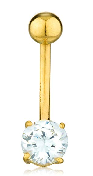 Gold Belly Button Ring with Cubic Zirconia Stone - Available in 10k White Gold, 14k Yellow Gold