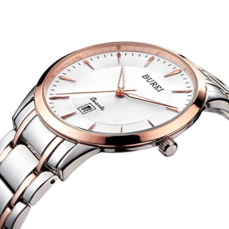 BUREI Women's Simple Elegant Rose Gold Watch with Sapphire Crystal Lens and Two Tone Stainless Steel Bracelet