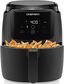 Chefman Digital Air Fryer, One-Touch Control, 4 Cooking Presets, Adjustable Time And Temperature, Fry With 98% Less Oil, LED Shake Reminder, Family Size, 5-Quart, Black