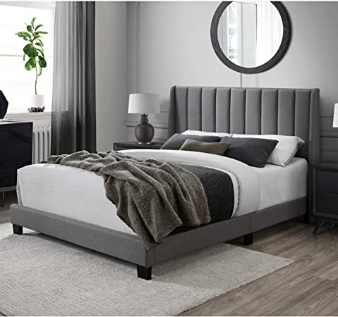 DG Casa Herman Upholstered Panel Bed Frame with Vertical Channel Wingback Headboard, Queen Size in Gray Fabric, Grey