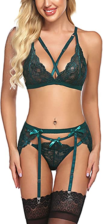 ADOME Women Lingerie Set with Garter Belts Bra and Panty Lace Teddy Strappy Babydoll Bodysuit