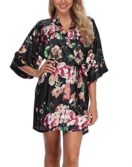 Women's Floral Satin Kimono Robes Short Bridesmaid Robes for Wedding Party