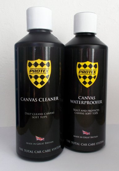 Protex World Convertible Soft Top Care Kit - Canvas Cleaner & Waterproofer 1Ltr. Use this kit to completely clean and waterproof your 4 seater sized cars canvas soft top. Specially formulated to clean and waterprrof your top, this kit will help prevent the growth of green mildrew, removing everyday dirt and mold. This kit will keep your roof looking like new and is easy to apply giving unbelievable results.
