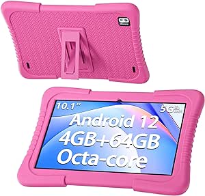 SGIN 10 Inch Tablet, 4GB RAM 64GB ROM Android 12 Tablet with Proof Case, Octa-Core 2.0Ghz Processor, 1280 * 800 IPS, 2MP 5MP Camera, 6000mAh, GPS, WiFi, Bluetooth (Pink)