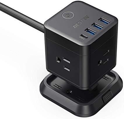 BESTEK Power Strip with USB, Vertical Cube Mountable Power Outlet Extender with 3 Outlets, 3 USB & 1 Type-C Ports, 5-Foot Extension Cord and Detachable Base for Easy Mounting