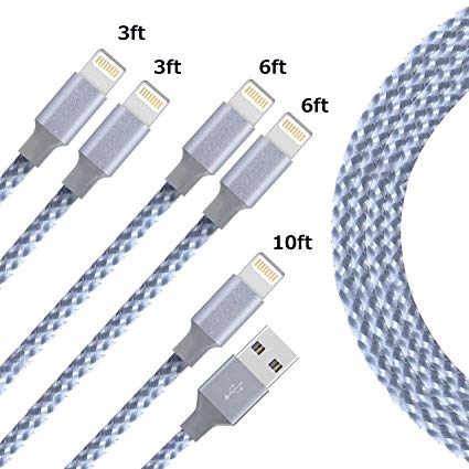 5 Pack Lightning Cable USB Syncing and Charging Cable Data Nylon Braided Cord Charger Compatible for iPhone 8 8 Plus X 7 7Plus 6s 6sPlus 6 6Plus 5 5s 5c SE iPad iPod