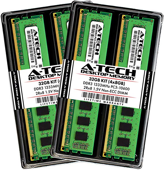 A-Tech 32GB DDR3 1333MHz Desktop Memory Kit (4 x 8GB) PC3-10600 Non-ECC Unbuffered DIMM 240-Pin 2Rx8 1.5V Dual Rank Computer RAM Upgrade Sticks