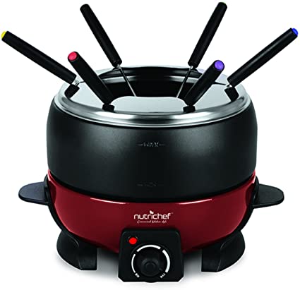 Electric Countertop Chocolate Fondue Maker - 800W 2QT Black/Red Fondue Pot Set, Cheese Melter Warmer Cooker Pot, Nonstick Melting Pot, Includes 6 Dipping Forks, Utensil Tray Lid - NutriChef