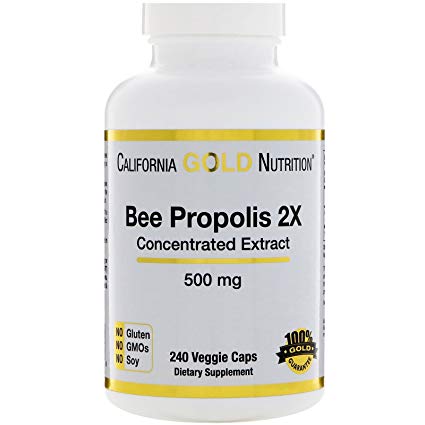 California Gold Nutrition Bee Propolis 2X Concentrated Extract 500 mg 240 Veggie Caps, Milk-Free, Fish Free, Gluten-Free, Peanut Free, Salt-Free, Soy-Free, Sugar-Free, Wheat-Free, Yeast-Free, CGN