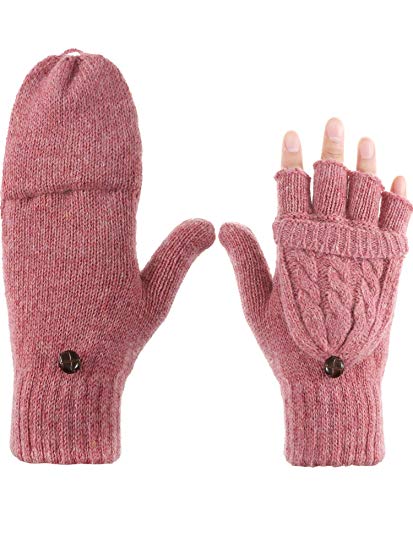 Tatuo Women Convertible Glove Cable Knit Glove Half Finger Mitten with Cover for Cold Days