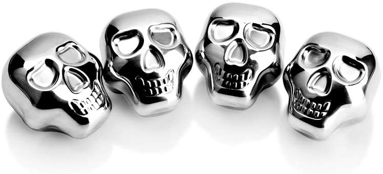 Stainless Steel Chilling Stones Reusable Skull Head Ice Cubes Set of 4 - Whiskey Wine Beer Vodka Chillers (silver)