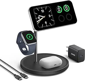 Anker MagSafe-Compatible Wireless Charging Stand, MagGo 3 in 1 Wireless Charging Station, Qi2 Certified 15W Wireless Charger for iPhone 15/15 Pro/14/13/12, Apple Watch, AirPods