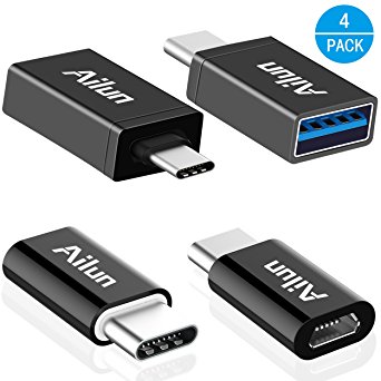 Type C Adapter, Micro USB to USB-C Adapter,USB-C to USB-A 3.0 Adapter[4Pack],by Ailun,Data Syncing and Charging,for MacBook,ChromeBook Pixel,Nexus 5X,Nexus 6P,Nokia N1 and Other Type C Devices[Black]