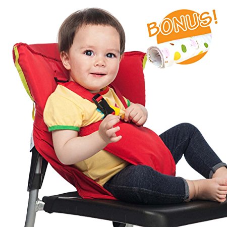 Baby HighChair Harness | Portable Travel Safety Belt Booster Feeding High Chair Seat Cover Sack Cushion Bag for Baby Kid Toddler | Secure with Adjustable Straps | Include Hand Wash Cloth | Red