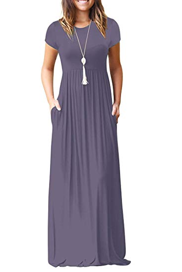 Euovmy Women's Short Sleeve Loose Plain Maxi Dresses Casual Long Dresses with Pockets