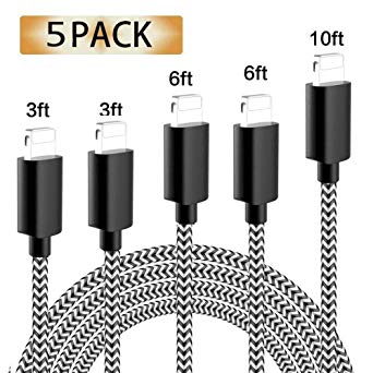 ZestyChef iPhone Charger, MFi Certified iPhone Cable 5 Pack [3/3/6/6/10FT] Extra Long Nylon Braided USB Charging&Syncing Cord Compatible with iPhone Xs Max/XS/XR/7/7Plus/X/8/8Plus/6S Black/White