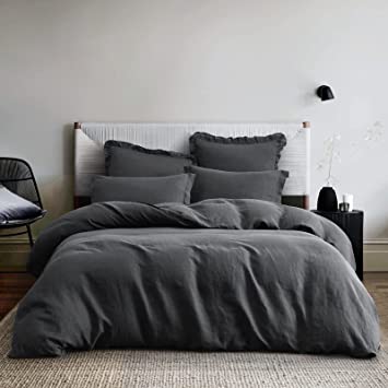 PHF 100% Linen Duvet Cover Set King Size (106" x 92"), 3PCS Washed French Flax Comforter Cover Set, Comfy Luxurious Duvet Cover with Pillow Shams Bedding Collection, Charcoal