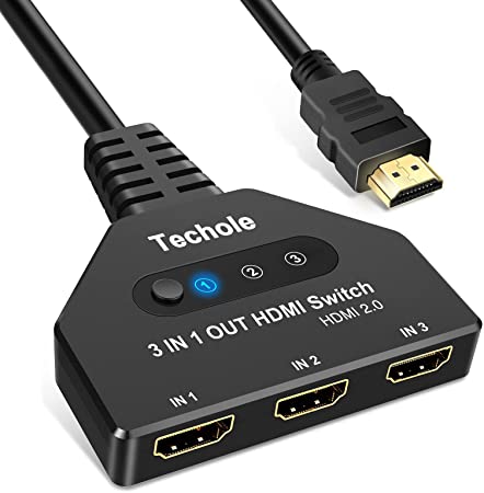 4K@60Hz HDMI Switch, Techole HDMI Splitter 3 In 1 Out with HDMI Cable, 3-Port Manual HDMI 2.0 Switcher Supports 4K@60HZ 3D 1080P HDCP 2.2 for PS5 Games Console,PS4,XBOX,Blu-ray,Sky Q,Laptop,TV BOX