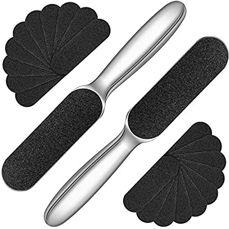 2 Pieces Pedicure Foot File Callus Remover Foot Scrubber Stainless Steel Feet Rasp with 20 Replaceable Coarse/Fine Double Side Reusable Pads for Foot Care Cracked Skin Callus Remover Tool