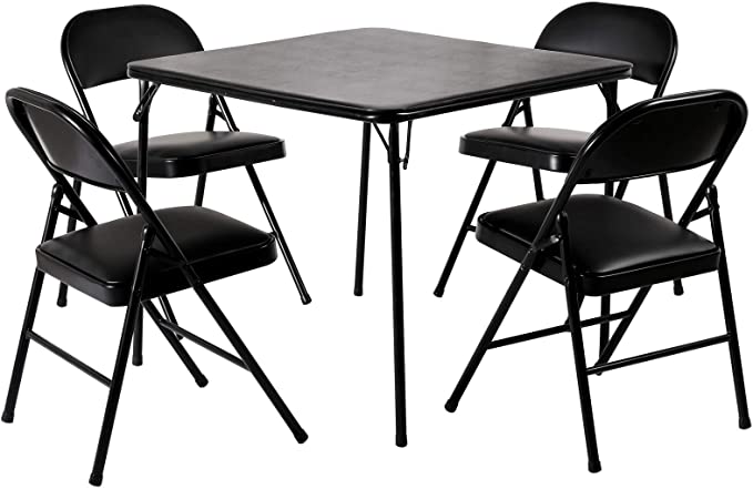 VECELO Folding Portable Card Table Square and Foldable Chair Set 5pcs with Collapsible Legs & Vinyl Upholstery Padded, Metal, Black