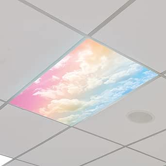 Outus 4 Pcs Pink Cloud Fluorescent Light Cover Classroom Decoration with 10 Magnets Light Filter Magnetic Ceiling Light Cover Panel 2 x 4 Ft (23.62 x 47.24 in) Reduce Glare for Office School(Rainbow)