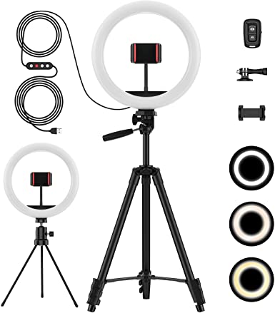 10’’ Selfie Ring Light with Stand 3 Color Modes, 10 Levels Dimmable Brightness, 51” Extendable Tripod Stand and Phone Holder for Live Stream/Makeup/Photography/Vlogs Compatible with iPhone/Android