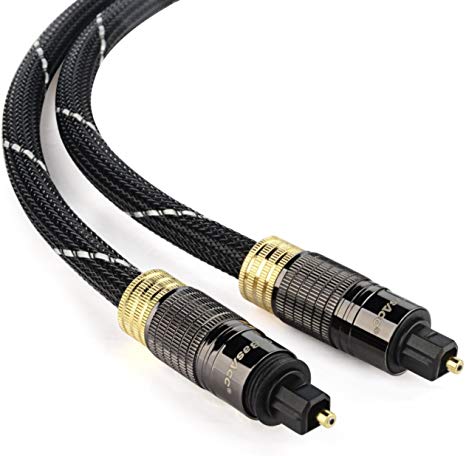 BasAcc Digital Optical Audio TosLink Cable 6 Feet (1.8m) with Metal Connectors & Braided Nylon Jacket, Black/Gold