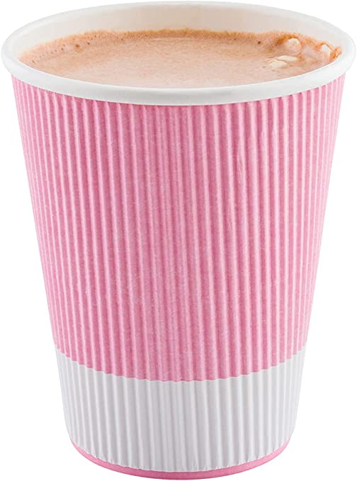 12 Ounce Paper Coffee Cups, 25 Ripple Wall Disposable Paper Cups - Leakproof, Recyclable, Light Pink Paper Hot Cups, Insulated, Matching Lids Sold Separately - Restaurantware