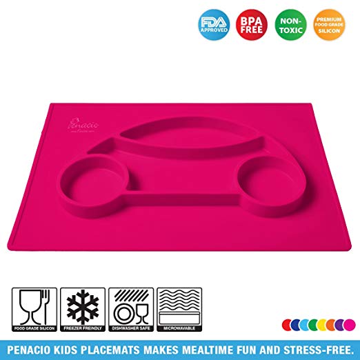 Premium Silicone Car Shaped Placement Mats By Penacio - Mealtime Placemats Suitable For Babies & Toddlers - Antibacterial & Easy To Clean Food Grade Silicone - BPA Free & FDA Approved (Pink)