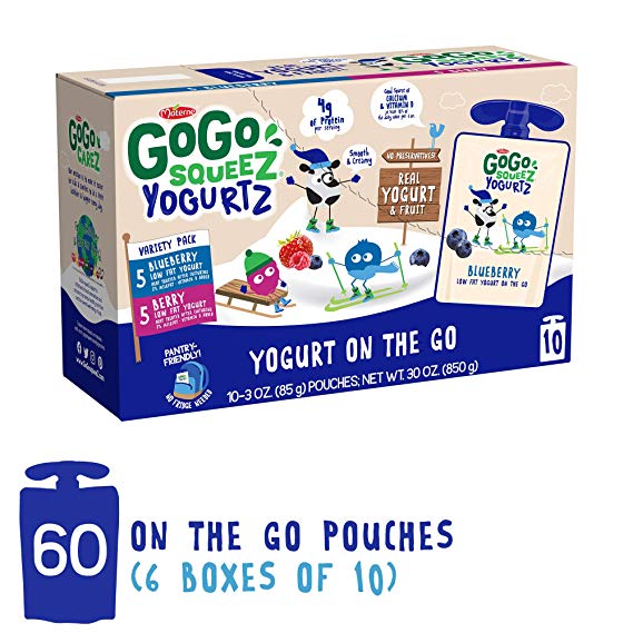 GoGo squeeZ YogurtZ, Variety Pack (Blueberry/Berry), 3 Ounce (60 Pouches), Low Fat Yogurt Gluten Free, Healthy Snacks, Recloseable, BPA Free Pouches