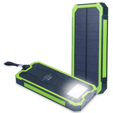 Aedon 15000mAh Solar Charger, Dual USB Portable Power Bank Solar Travel Charger Battery, with Carabiner Emergency LED Lights (Black   Green)
