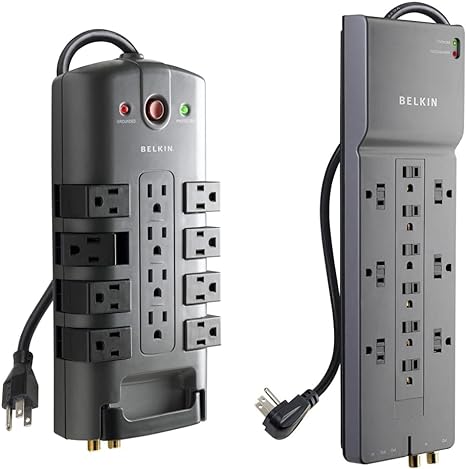 Belkin 12-Outlet Pivot-Plug Power Strip Surge Protector w/ 8ft Cord (4,320 Joules) & 12-Outlet Power Strip Surge Protector w/ 8ft Cord (3,940 Joules), Gray