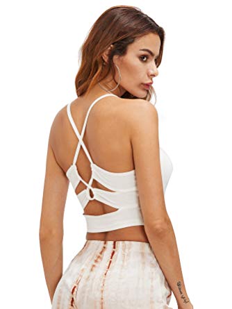 Romwe Women's Sexy Cutout Back Crisscross Spaghetti Strap Crop Cami Top