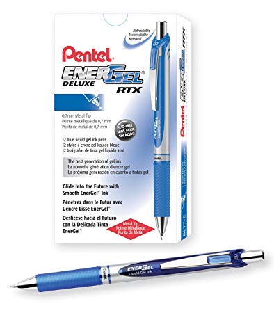 Pentel EnerGel Deluxe RTX Gel Pens, 0.7 mm Metal Tip, Black/Silver Barrel, Blue Ink, 12 Each (BL77-C)