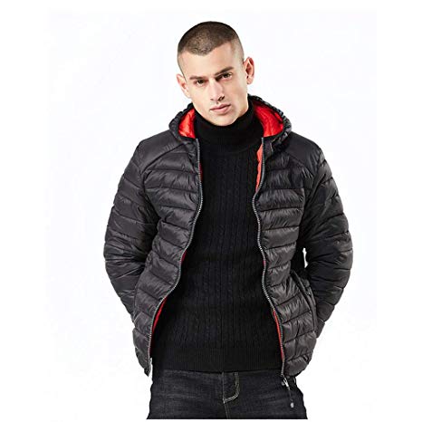 Bmeigo Men Padded Jacket with Hood Winter Puffer Windproof Warm Outdoor Coat Zip Up Lightweight