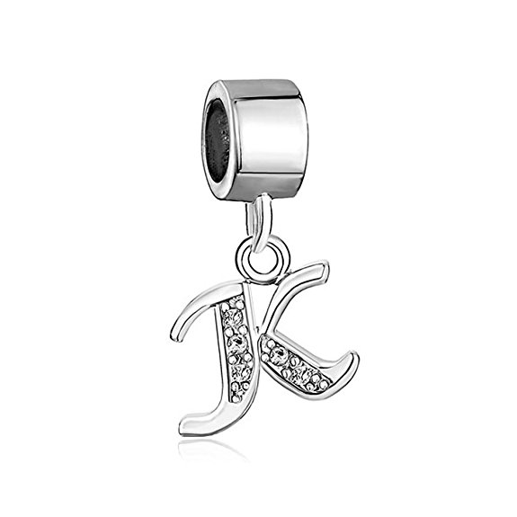 Pugster Silver Plated Letter Initial A-Z Dangle Alphabet Crystal Bead Fits Charms Bracelet