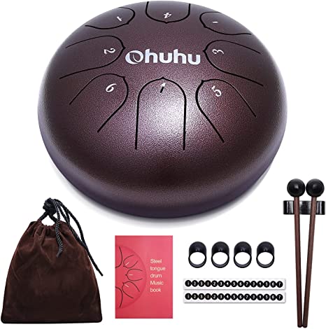 Ohuhu 6 Inch Steel Tongue Drum 8 Notes C Major for Kids and Adults with Rubber Mallets, Finger Picks and Padded Travel Bag, Unique Gifts for Him or Her